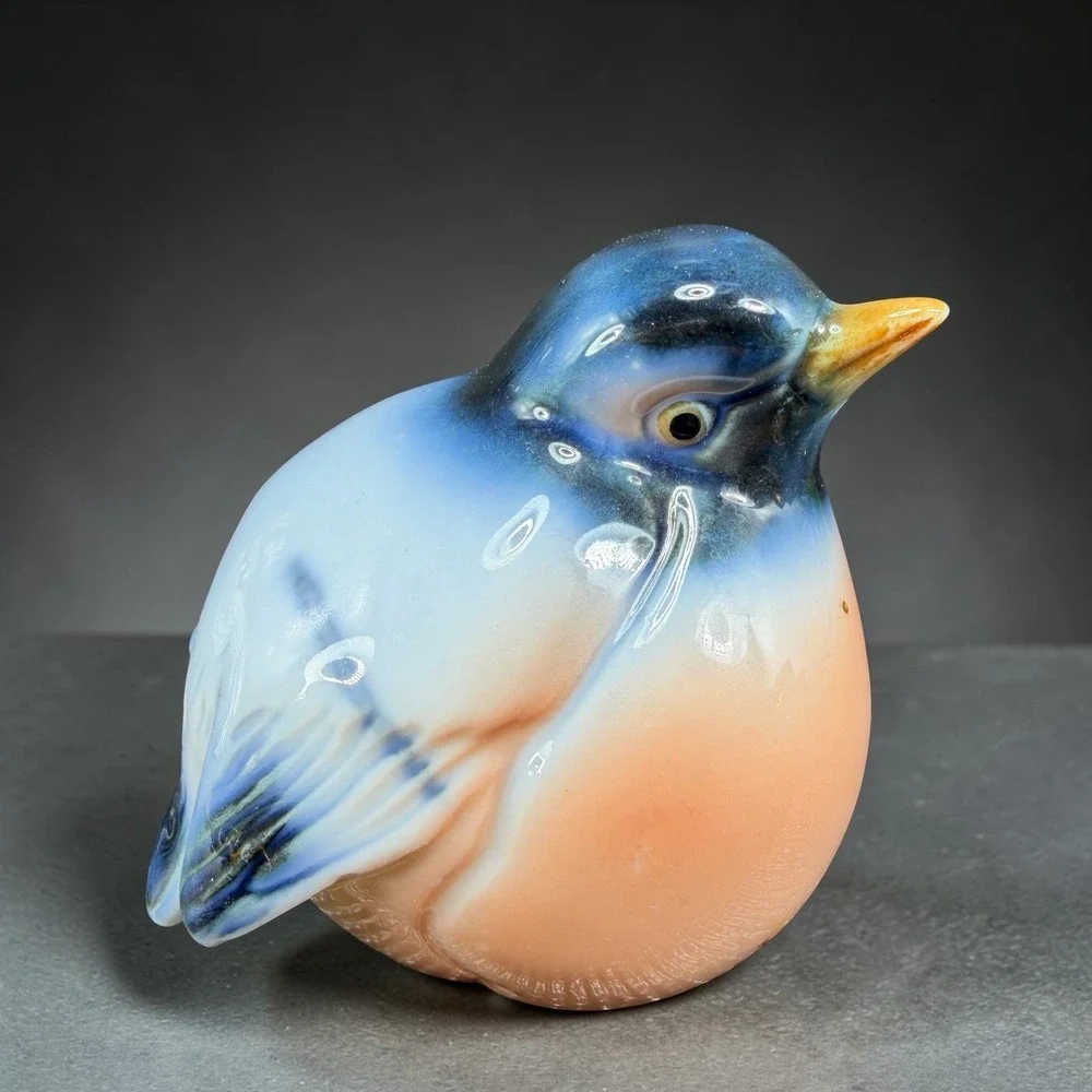 Vintage Chubby Blue Bird Porcelain Figurine Round Glossy Glazed Figure 2.5 inch